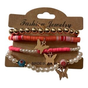 Elastic Gold and Pink Beaded Bracelet Set